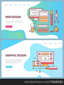 Graphic and web design technologies set of websites vector. Computer with info, internet pages development of interface, pen and tools work supplies. Webpage template, landing page in flat style. Graphic and Web Design Website Pages Development