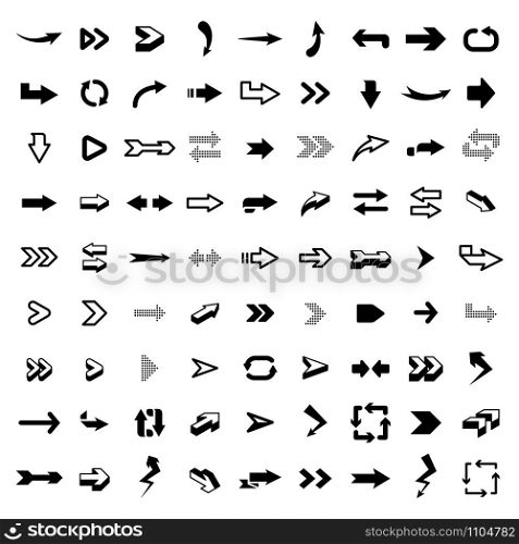 Graphic arrows. Modern interface graphic icons, arrowhead collection and direction pointers isolated vector design elements. User pointers and cursors. Navigation buttons for apps and programs. Graphic arrows. Modern interface graphic icons, arrowhead collection and direction pointers isolated vector design elements. Black glyph digital cursors set on white background. Navigation items