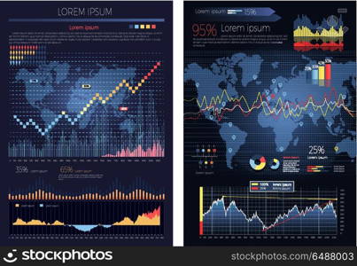 Graphic Chart with Map of the World Infographics. Graphic chart with map of the world on the background. Global infographics map and diagrams. Infographic elements, icons, global pie chart, world business map visualization, data. Vector illustration
