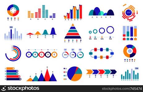 Graphic charts icons. Finance statistic chart, money revenue and profit growth graph. Business presentation graphs, website finance infographic diagram charts. Flat isolated icons vector set. Graphic charts icons. Finance statistic chart, money revenue and profit growth graph. Business presentation graphs flat vector set