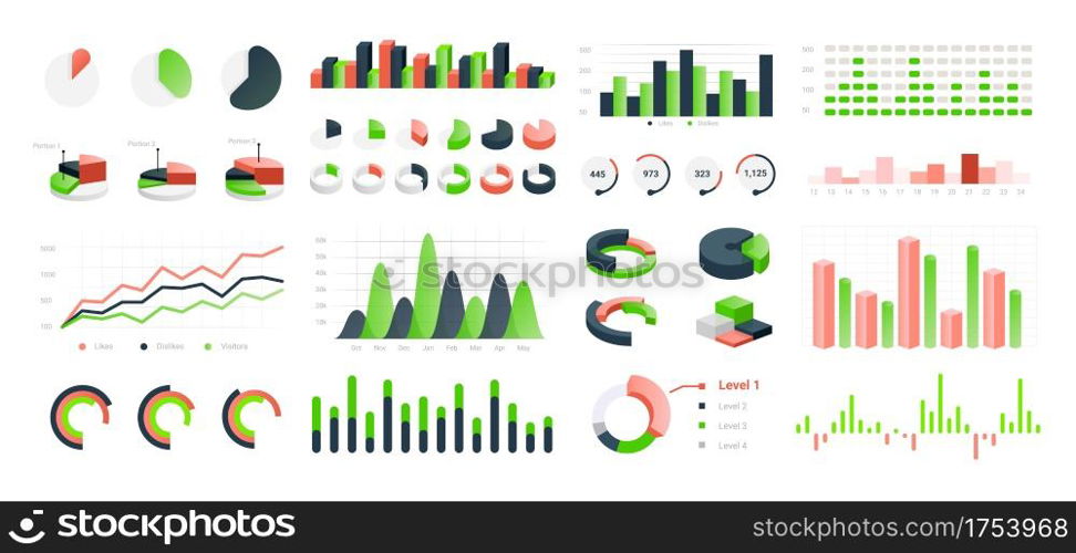Graphic charts. Infographic statistic bars and circle diagrams for data presentation, comparison histogram elements. Types set of isolated colorful analytic graphs. Vector information visualization. Graphic charts. Infographic statistic bars and diagrams for data presentation, comparison histogram elements. Types set of isolated analytic graphs. Vector information visualization