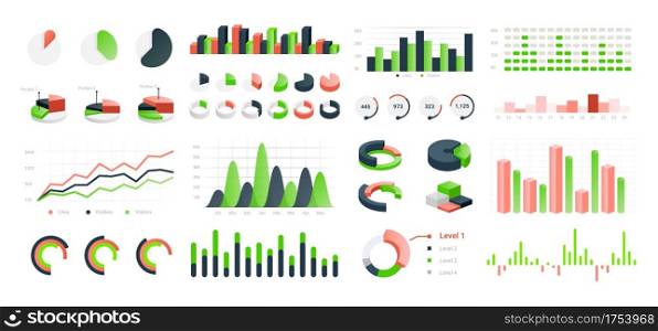 Graphic charts. Infographic statistic bars and circle diagrams for data presentation, comparison histogram elements. Types set of isolated colorful analytic graphs. Vector information visualization. Graphic charts. Infographic statistic bars and diagrams for data presentation, comparison histogram elements. Types set of isolated analytic graphs. Vector information visualization