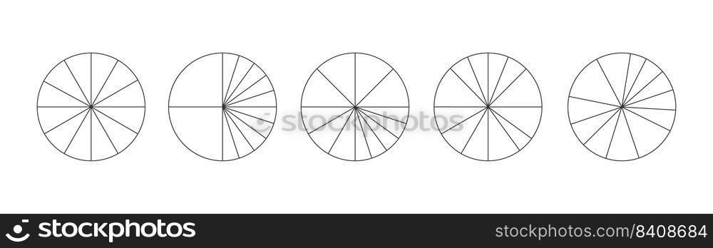 Graphic circles divided in 12 segments isolated on white background. Pie or pizza round shapes cut in different twelve slices. Simple statistical infographic ex&les. Vector outline illustration.. Graphic circles divided in 12 segments isolated on white background. Pie or pizza round shapes cut in different twelve slices. Simple statistical infographic ex&les. Vector outline illustration