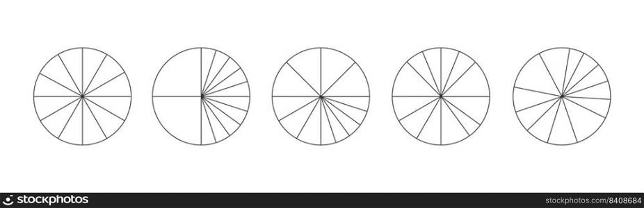 Graphic circles divided in 12 segments isolated on white background. Pie or pizza round shapes cut in different twelve slices. Simple statistical infographic ex&les. Vector outline illustration.. Graphic circles divided in 12 segments isolated on white background. Pie or pizza round shapes cut in different twelve slices. Simple statistical infographic ex&les. Vector outline illustration