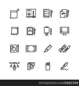 Graphic design and writing tools line icons set. Collection of linear pen and pencil. Vector illustration. Graphic design and writing tools line icons set