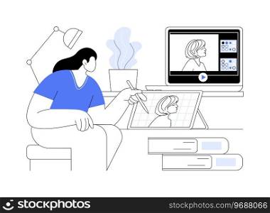 Graphic design classes isolated cartoon vector illustrations. Girl drawing on tablet and watching professional online tutorial on digital art, making graphic design hobby vector cartoon.. Graphic design classes isolated cartoon vector illustrations.