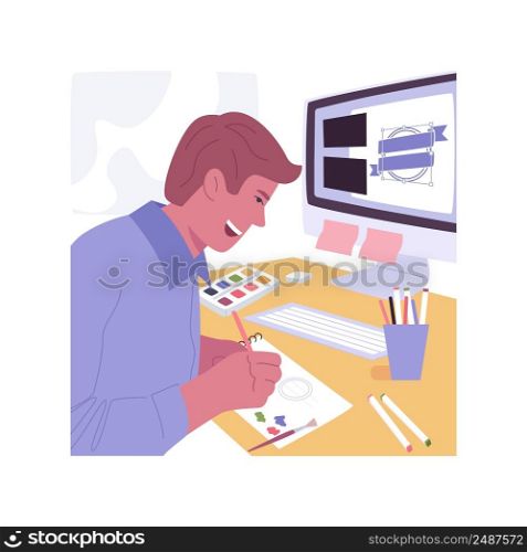Graphic design course isolated cartoon vector illustrations. Young boy draws sketches, online degree, distance learning, virtual education, UI and UX design creation vector cartoon.. Graphic design course isolated cartoon vector illustrations.