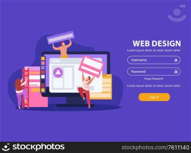 Graphic design flat background with web design headline and personal account interface vector illustration