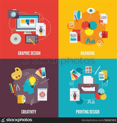 Graphic design flat icons set with branding creativity printing isolated vector illustration