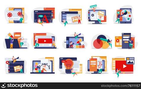 Graphic design flat isolated recolor icon set with art abstract ideas and tools vector illustration