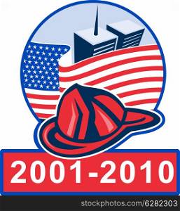 graphic design illustration of 9/11 memorial showing american flag with world trade center twin tower building in the background and fireman helmet. 9/11 memorial with american flag twin towers and fireman hat