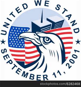 graphic design illustration of 9/11 memorial showing bald eagle with american flag and world trade center twin tower building in the background with date September 11, 2001