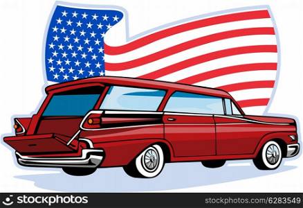 graphic design illustration of a 1950&rsquo;s styled station wagon isolated on white viewed from low angle done in retro &#xA;style