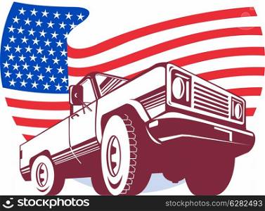 graphic design illustration of an American Pickup truck with stars and stripes flag isolated on white viewed from &#xA;low angle done in retro style