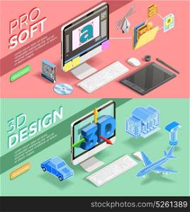 Graphic Design Isometric Banners. Graphic 3d design and various tools for work of designer horizontal isometric banners set isolated vector illustration