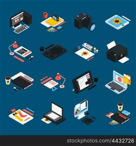 Graphic Design Isometric Icons. Graphic design isometric icons set with laptop camera printer touch display ink pen artistic tools isolated vector illustration