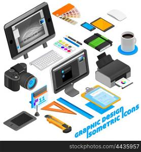 Graphic Design Isometric Icons Set . Graphic design isometric icons set with computer and camera isolated vector illustration