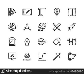 Graphic design line icons. Drawing and art tools, soft and supplies, graphic tablet pallet artwork professional instruments. Vector flat symbols tools illustrations set. Graphic design line icons. Drawing and art tools, soft and supplies, graphic tablet pallet artwork professional instruments. Vector set
