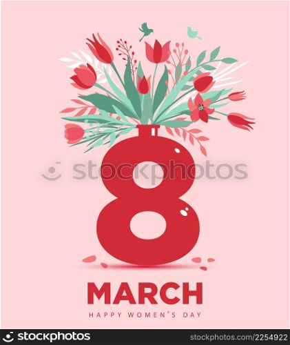 Graphic design of postcard for International Women s Day with 8 March inscription and red tulips in vase. illustration. Graphic design postcard for International Women s Day with 8 March inscription and tulips in vase. Vertical greeting card with flower bouquet. Colorful flat vector illustration.