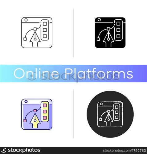 Graphic design platforms icon. Tool for experienced digital artists. Illustrations editing. Free online website for graphic designers. Linear black and RGB color styles. Isolated vector illustrations. Graphic design platforms icon