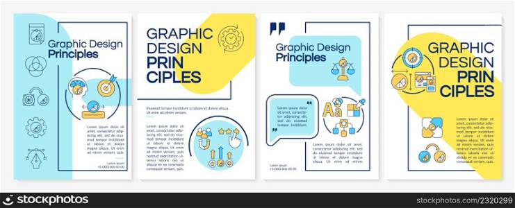 Graphic design principles blue and yellow brochure template. Content production. Leaflet design with linear icons. 4 vector layouts for presentation, annual reports. Questrial, Lato-Regular fonts used. Graphic design principles blue and yellow brochure template