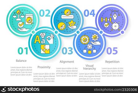 Graphic design principles circle infographic template. Art work. Data visualization with 5 steps. Process timeline info chart. Workflow layout with line icons. Myriad Pro-Regular fonts used. Graphic design principles circle infographic template
