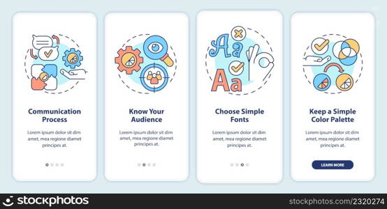 Graphic design rules onboarding mobile app screen. Visual content making walkthrough 4 steps graphic instructions pages with linear concepts. UI, UX, GUI template. Myriad Pro-Bold, Regular fonts used. Graphic design rules onboarding mobile app screen