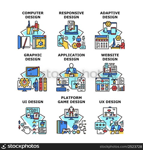 Graphic Design Set Icons Vector Illustrations. Graphic Design And Platform Game, Smartphone Application And Computer Software, Ui And Ux, Responsive And Adaptive Color Illustrations. Graphic Design Set Icons Vector Illustrations