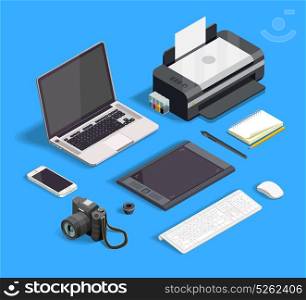 Graphic Design Set. Isometric set of tools for graphic design isolated on blue background 3d vector illustration