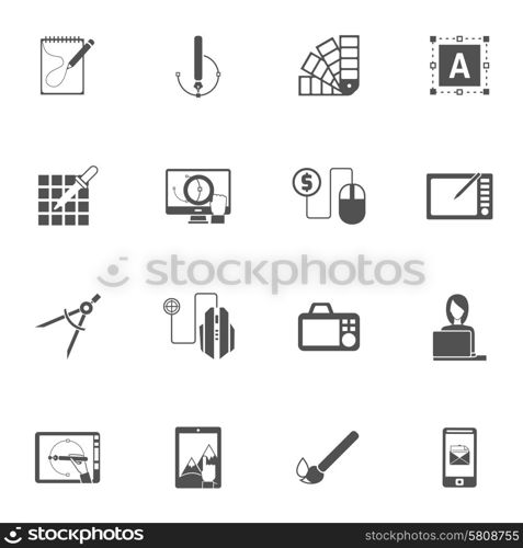 Graphic design studio black icons set with different color painting tools isolated vector illustration. Graphic Design Black Icons