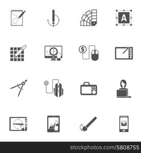 Graphic design studio black icons set with different color painting tools isolated vector illustration. Graphic Design Black Icons