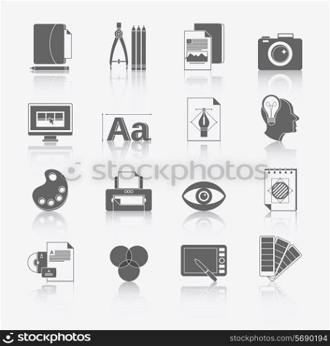 Graphic design studio tools black icons set with brush marker camera isolated vector illustration.