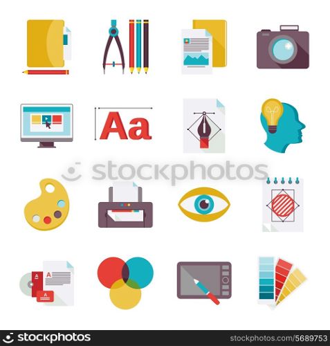 Graphic design studio tools creative process flat icons set isolated vector illustration