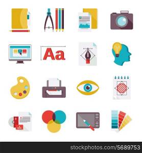 Graphic design studio tools creative process flat icons set isolated vector illustration