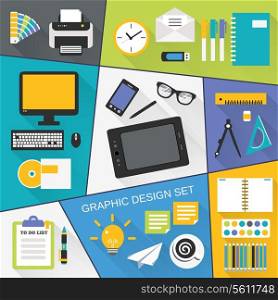 Graphic design studio tools drawing process workplace flat icons set isolated vector illustration.