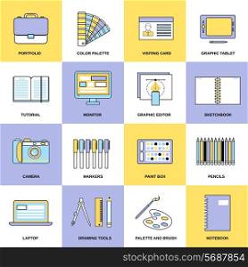 Graphic design studio tools drawing process workplace flat line icons set isolated vector illustration