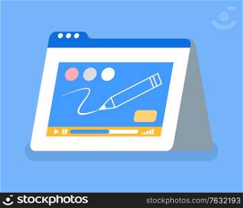 Graphic design tablet with pencil and colors isolated icon. Video tutorial for beginners and starters, monitor of gadget, drawing programm. Vector illustration in flat cartoon style. Graphic Design Tablet with Pencil and Colors Icon