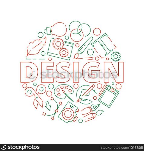 Graphic design tools background. Print typography web design creative art items in circle shape vector illustrations. Instrument drawing, scissors and palette. Graphic design tools background. Print typography web design creative art items in circle shape vector illustrations