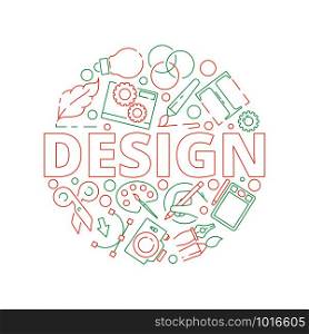 Graphic design tools background. Print typography web design creative art items in circle shape vector illustrations. Instrument drawing, scissors and palette. Graphic design tools background. Print typography web design creative art items in circle shape vector illustrations