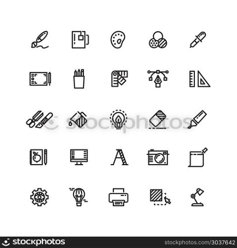 Graphic design tools, creative, office stationery line thin icons set. Graphic design tools, creative, office stationery line thin icons set. Tool stationery for office or art. Pencil and marker, instrument and highlighter graphic tools. Vector illustration