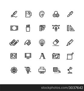 Graphic design tools, creative, office stationery line thin icons set. Graphic design tools, creative, office stationery line thin icons set. Tool stationery for office or art. Pencil and marker, instrument and highlighter graphic tools. Vector illustration