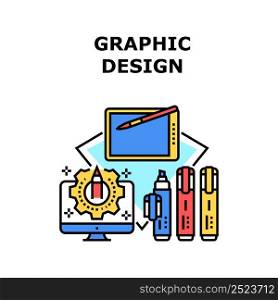 Graphic Design Vector Icon Concept. Graphic Design Developing Designer On Computer And Tablet Digital Device, Drawing Creative Idea With Multicolor Felt Pen Stationery Accessory Color Illustration. Graphic Design Vector Concept Color Illustration