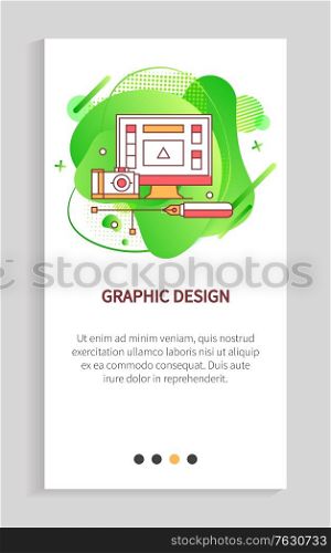 Graphic design vector, technology for making new images computer with application professional details, camera usb, special pen and abstraction. Website or app slider, landing page flat style. Graphic Design Computer with Application Vector
