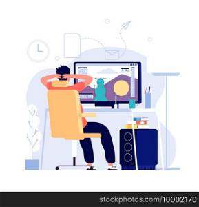 Graphic designer concept. Man at computer works at home office with graphic editor app on monitor and makes design. Vector background. Illustration designer job, freelance workplace. Graphic designer concept. Man at computer works at home office with graphic editor app on monitor and makes design. Vector background