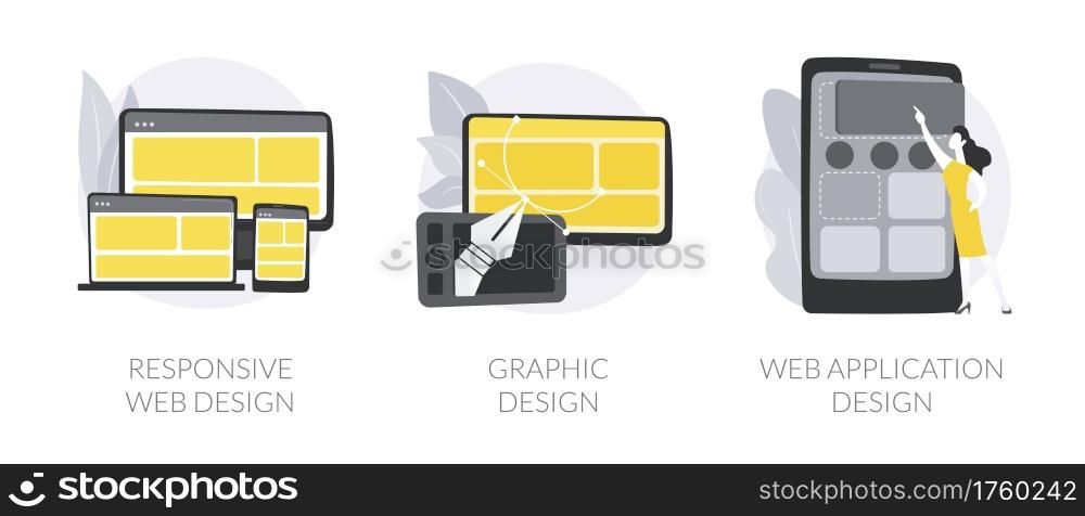 Graphic designer service abstract concept vector illustration set. Responsive web design, graphic and web application, UI and UX, landing page layout, user interface, CSS media abstract metaphor.. Graphic designer service abstract concept vector illustrations.