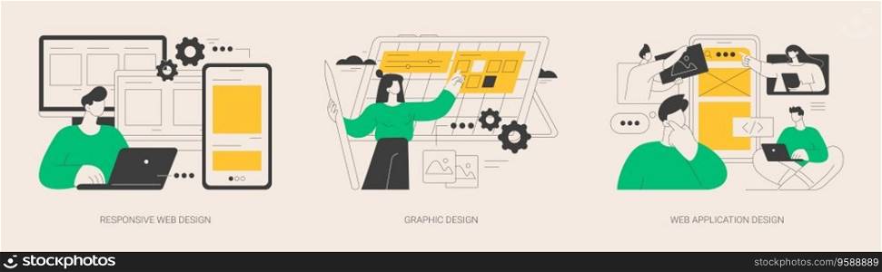 Graphic designer service abstract concept vector illustration set. Responsive web design, graphic and web application, UI and UX, landing page layout, user interface, CSS media abstract metaphor.. Graphic designer service abstract concept vector illustrations.
