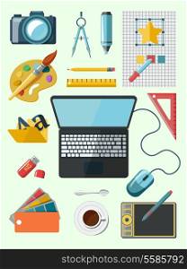 Graphic designer studio tools workplace icons set isolated vector illustration
