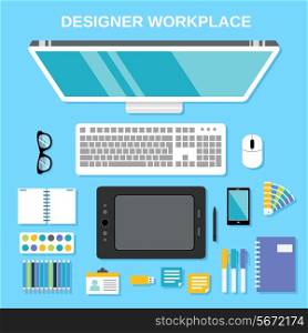 Graphic designer studio tools workplace top view vector illustration