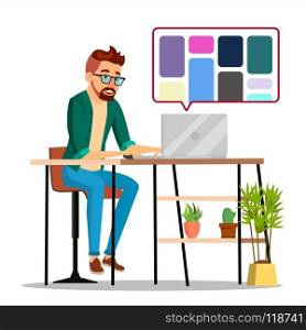 Graphic Designer Working Vector. Man Searching For References On Popular Creative Web Site. Freelance Concept. Illustration. Graphic Designer Working Vector. Man Searching For References On Popular Creative Web Site. Freelance Concept. Isolated Illustration