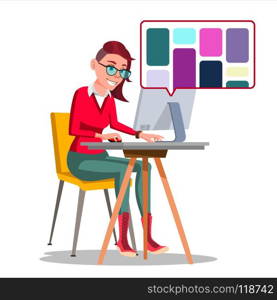 Graphic Designer Working Vector. Woman Searching For References On Popular Creative Web Site. Freelance Concept. Illustration. Graphic Designer Working Vector. Woman Searching For References On Popular Creative Web Site. Freelance Concept. Isolated Illustration